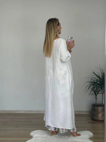 Women's Linen Asymmetric Top Floral Wide Leg Pants Set