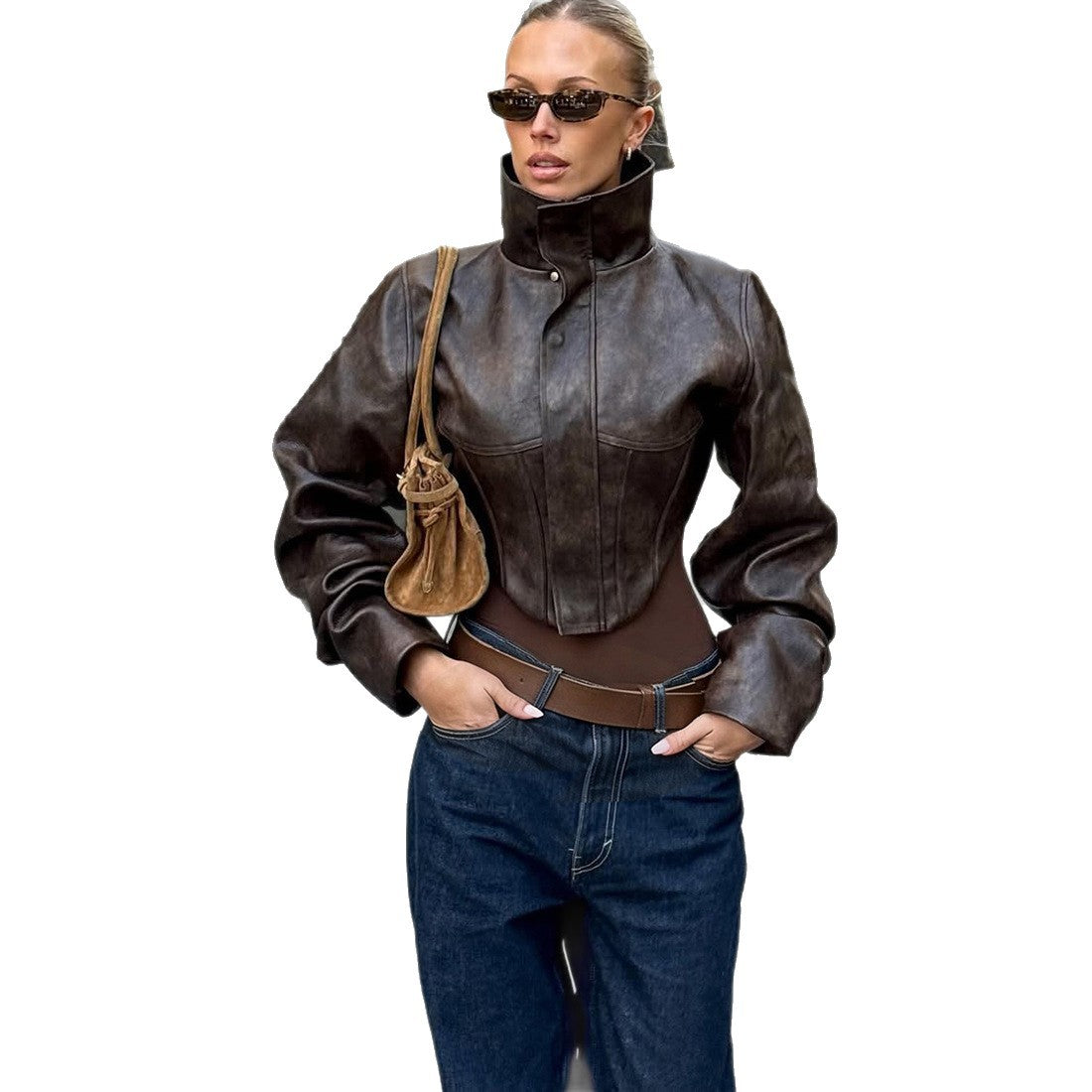 Womens Faux Leather Corset Jacket Cropped Moto Zip Up