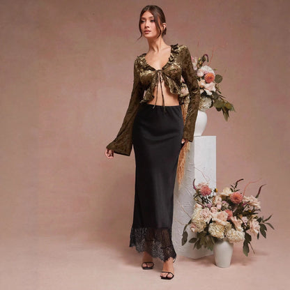 Acetate Satin Mermaid Skirt Lace Trim Mid-Length Elegant Dress