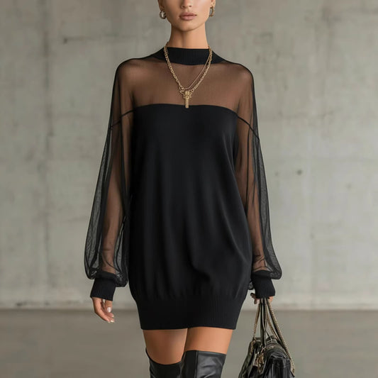 Women's Black Sheer Mesh Puff Sleeve Cocktail Dress