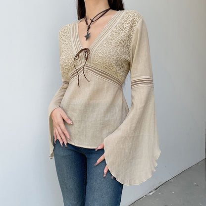 Women's Boho Crochet V Neck Bell Sleeve Tie Front Top