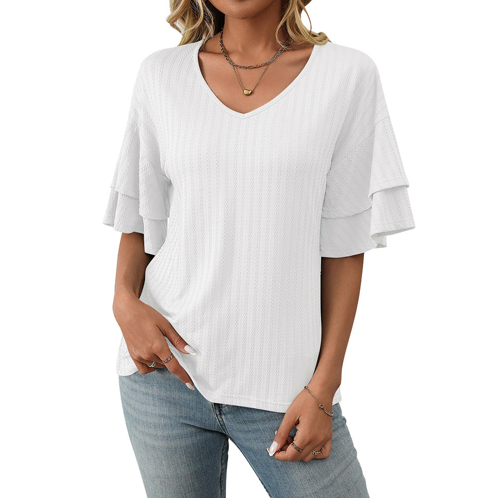 V-Neck Lotus Leaf Sleeve Women’s T-Shirt Top