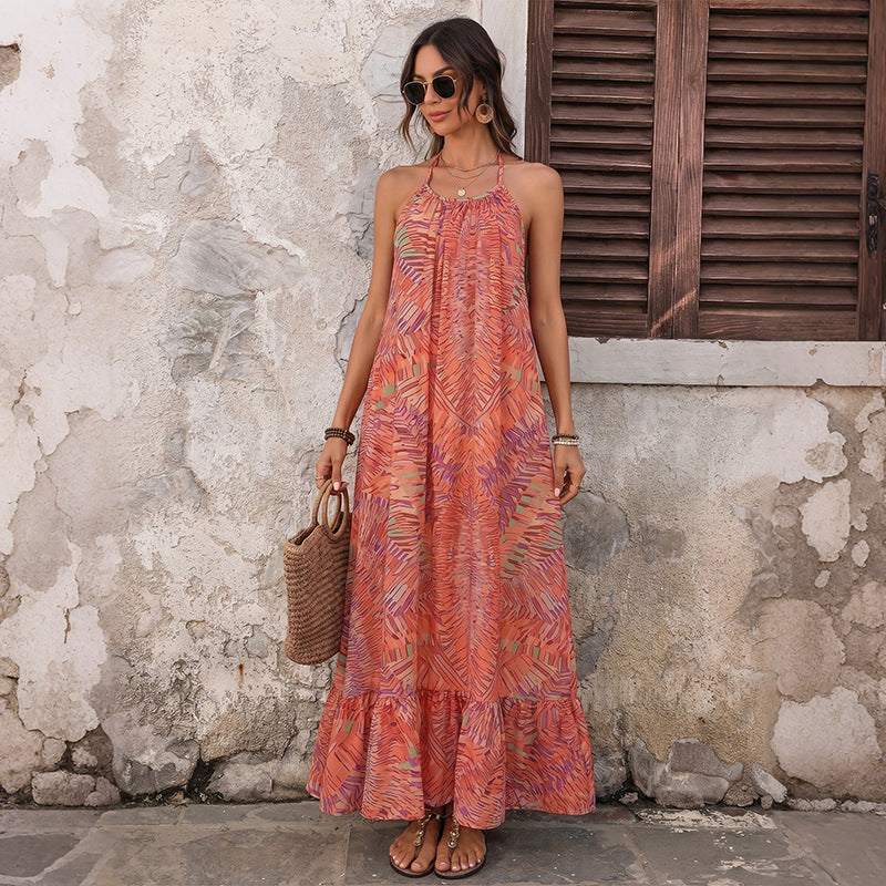 Boho Abstract Print Halter Maxi Dress Backless Resort Dress