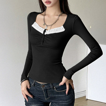 Y2K Lace Trim Ribbed Long Sleeve Fitted Top