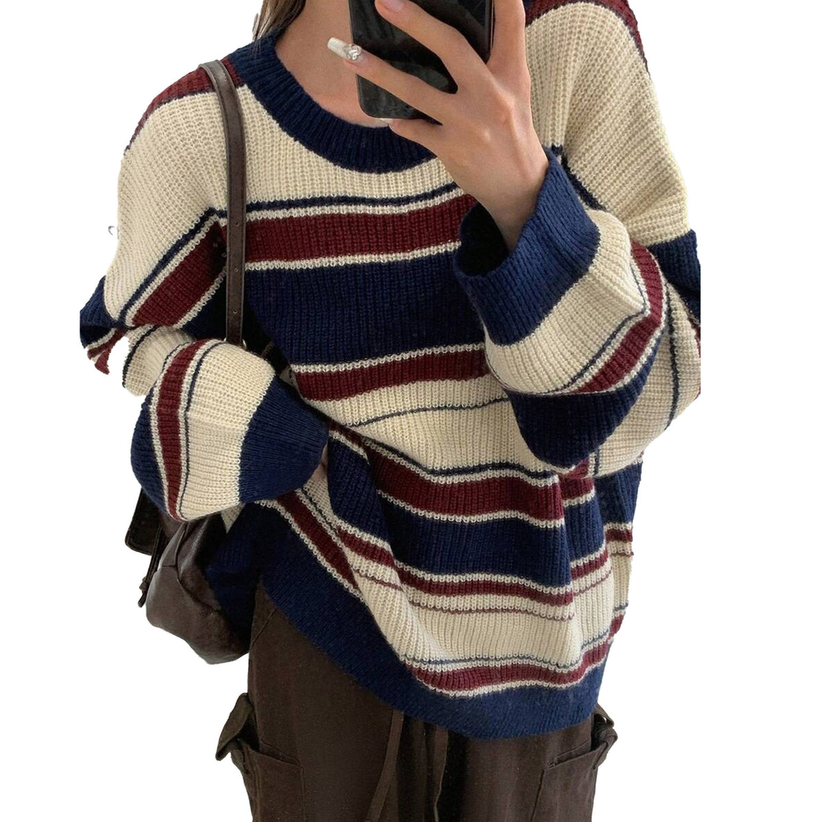 Women's Oversized Striped Color Block Crewneck Sweater
