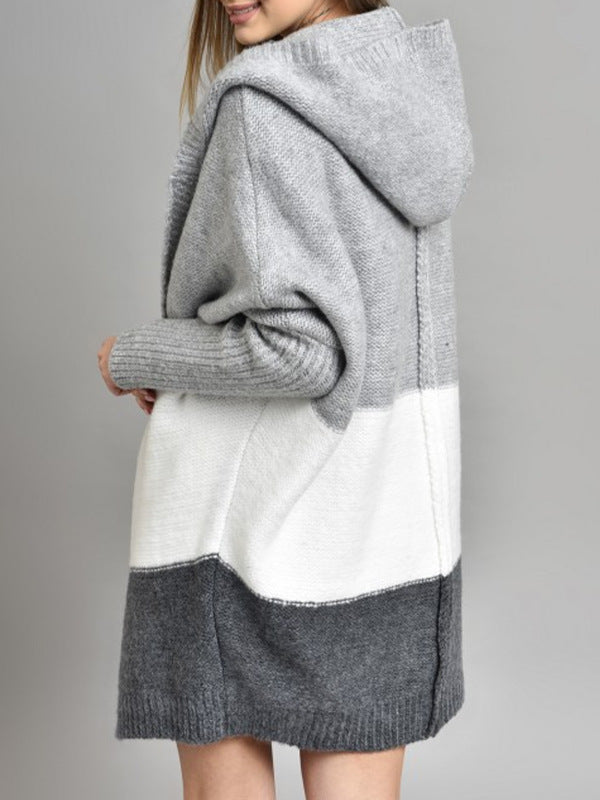 Women's Oversized Hooded Color Block Cardigan Open Front