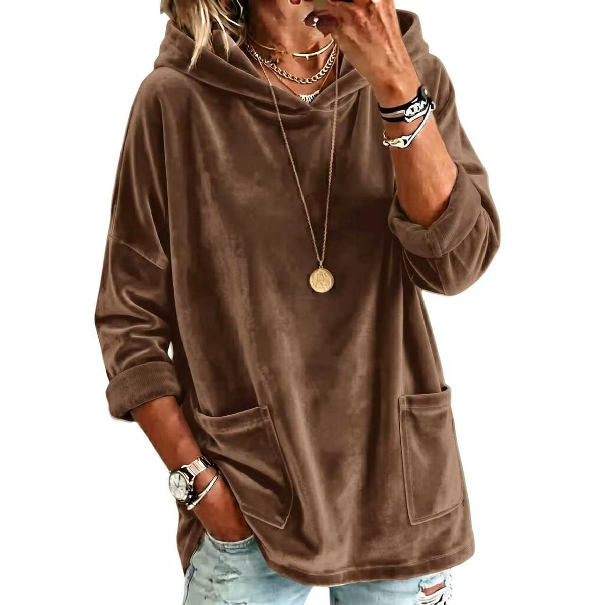 Women's Velvet Hoodie Batwing Sleeve Oversized Pullover