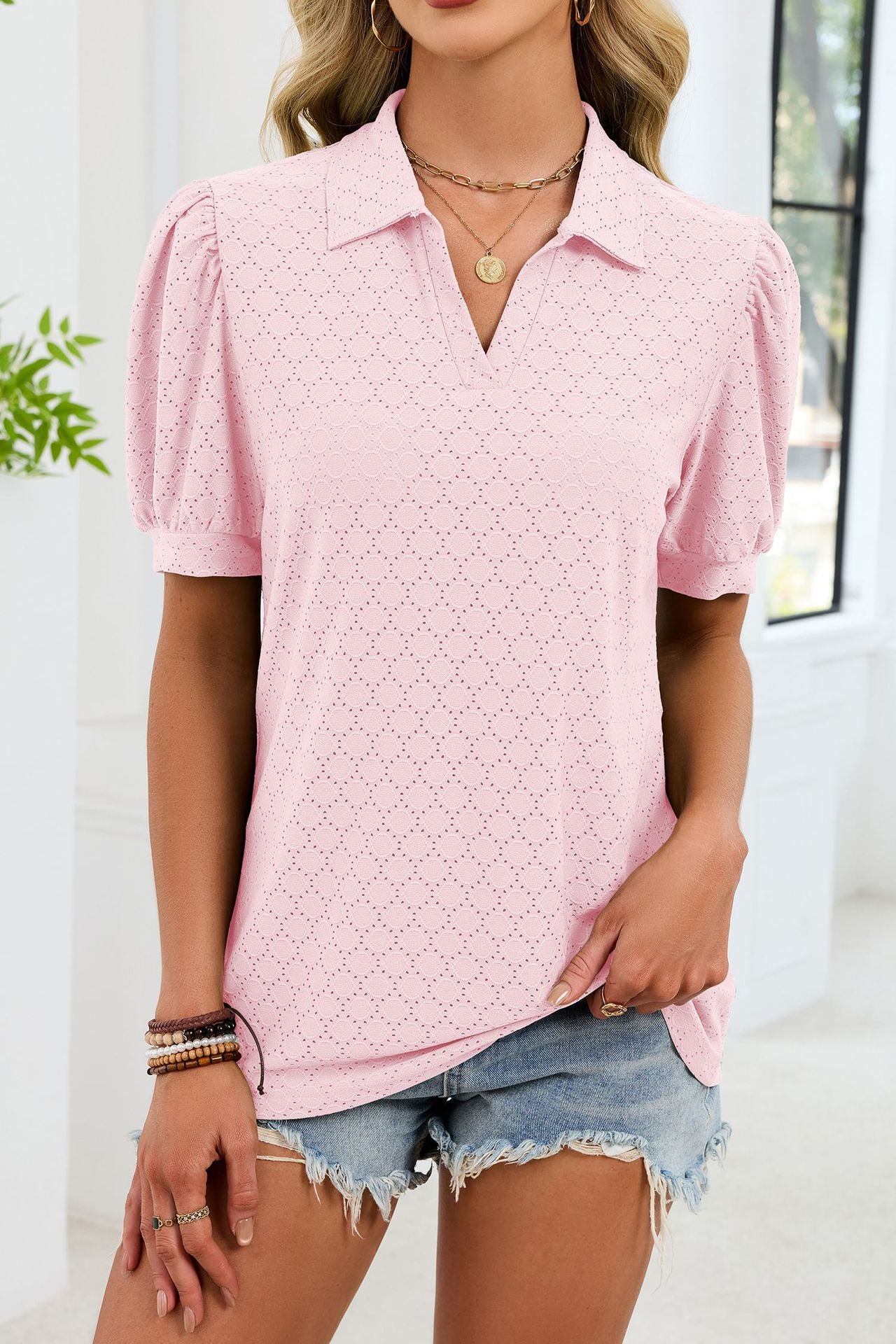 Eyelet V Neck Puff Sleeve Polo Blouse Casual Top
