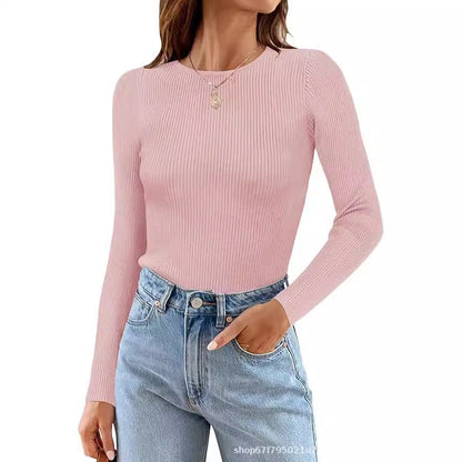 Women's Basic Ribbed Crew Neck Long Sleeve Knit Top