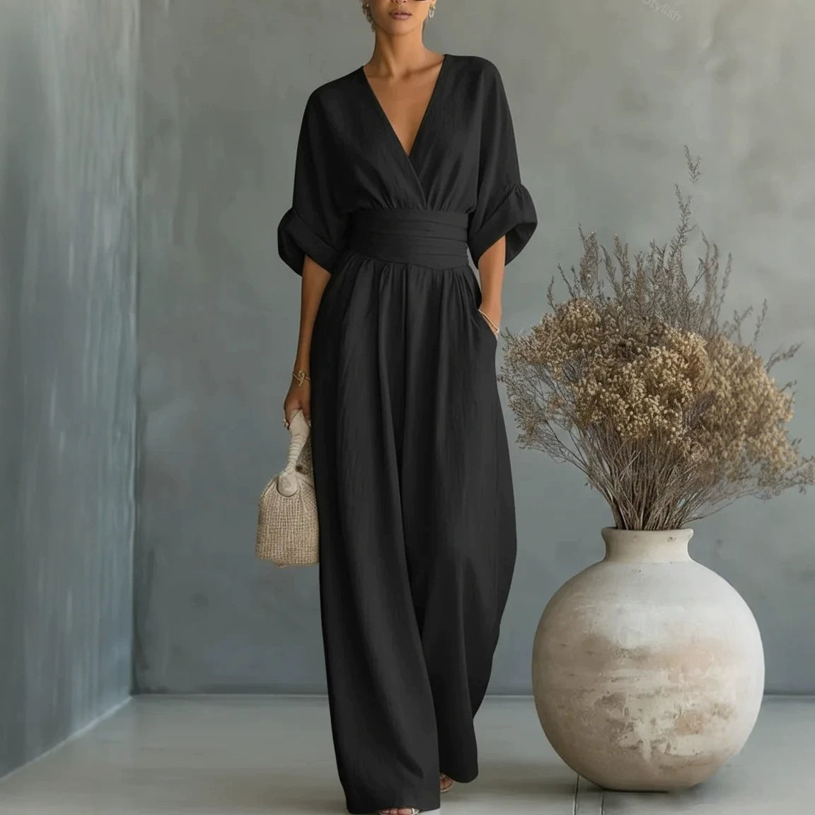 Women's Elegant V-Neck High Waist Wide Leg Jumpsuit