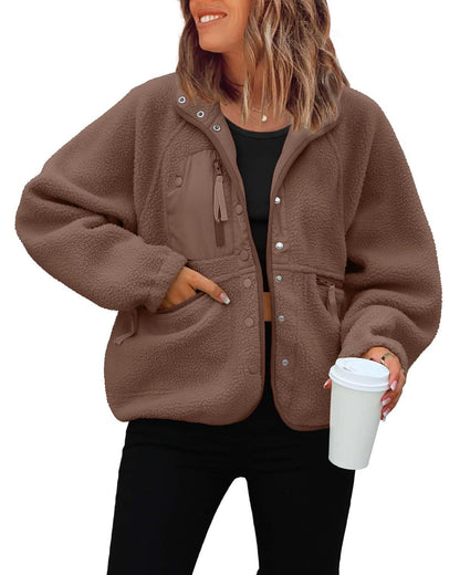 Women's Oversized Fleece Jacket Button Up Pockets