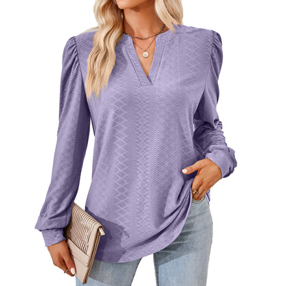 Women's V Neck Puff Sleeve Textured Tunic Top Long Sleeve