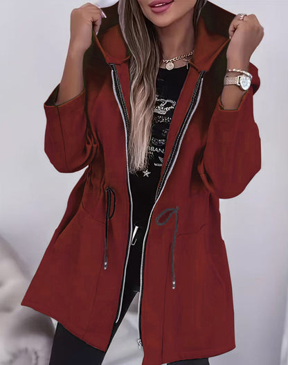 Women's Hooded Drawstring Waist Zip-Up Mid Length Jacket