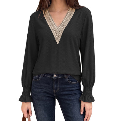 Women's V-Neck Lace Trim Blouse Long Sleeve Smocked Cuffs
