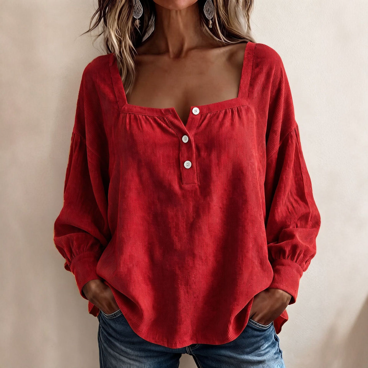 Square Neck Corduroy Top Button Front Long Sleeve Oversized