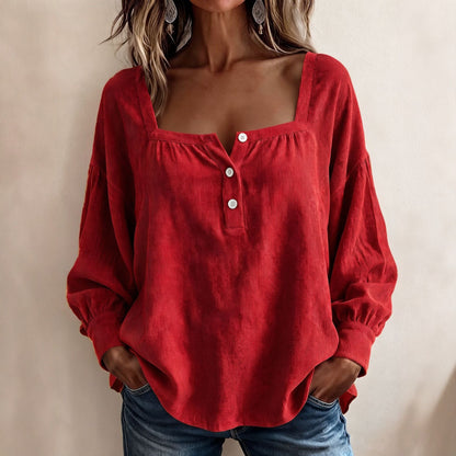 Square Neck Corduroy Top Button Front Long Sleeve Oversized