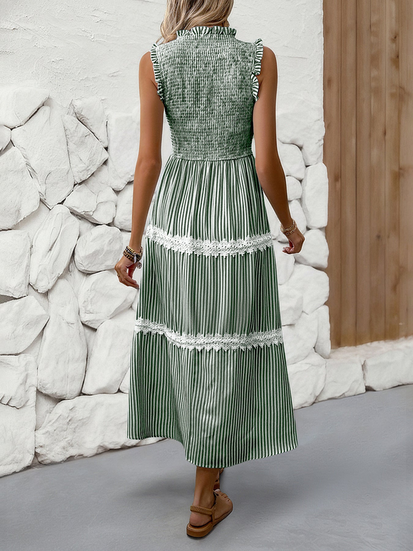 Sleeveless Striped Lace Midi Dress Ruffled A-Line Summer