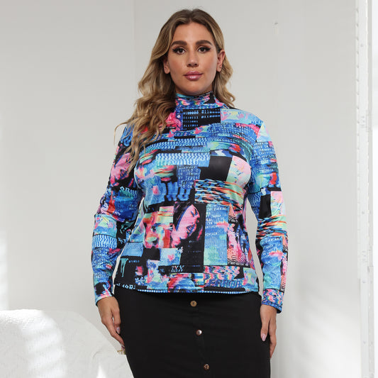 Women's Semi-turtleneck Fashion Printed Long Sleeve T-Shirt