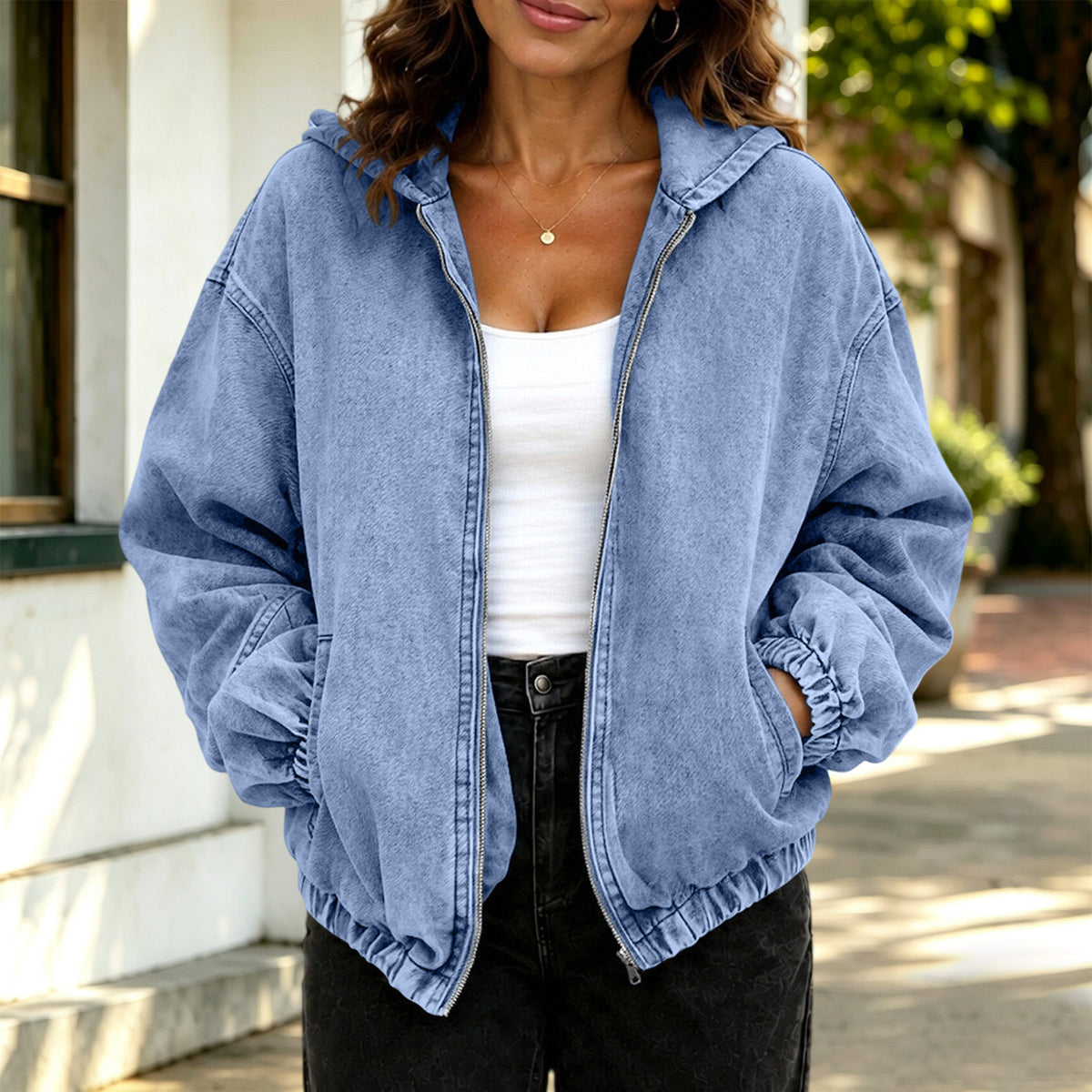 Women Oversized Hooded Zip-Up Cropped Denim Jacket