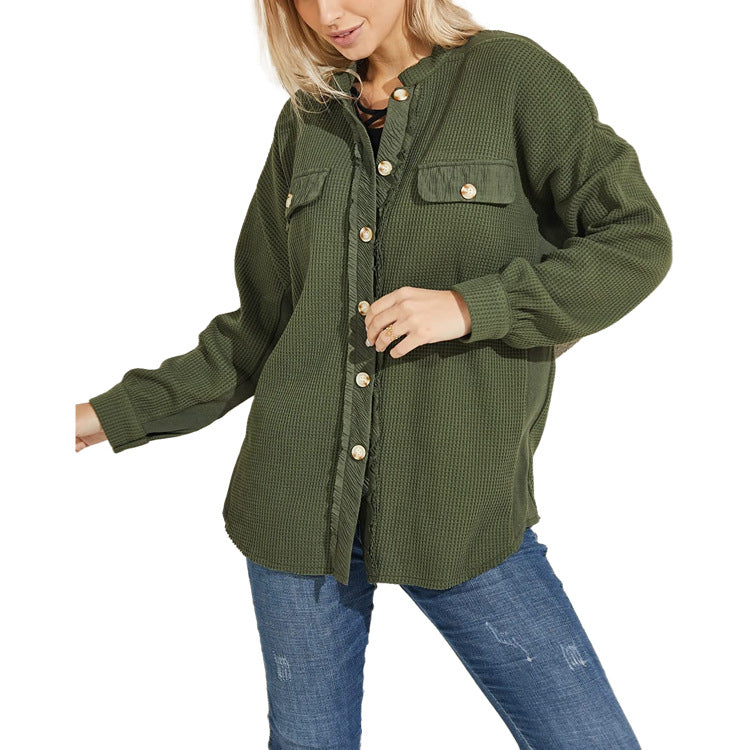 Women's Waffle Texture Button Front Pocket Shacket