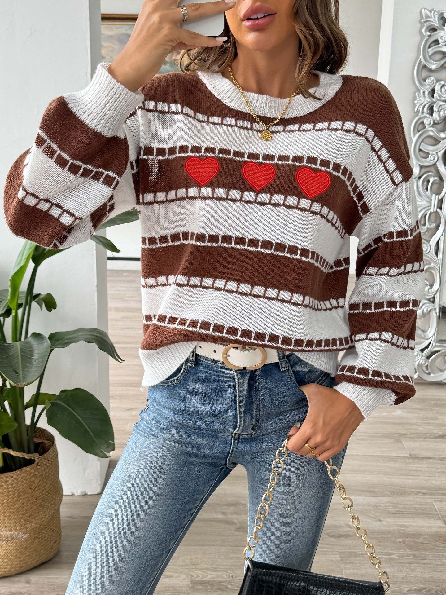 Colorblock Striped Sweater | Embroidered Heart Patch Design