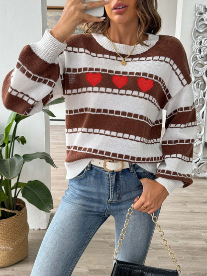Colorblock Striped Sweater | Embroidered Heart Patch Design