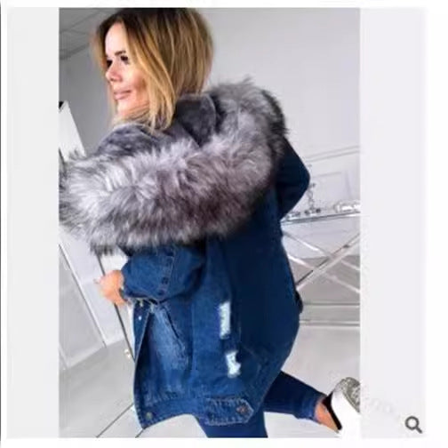 Women's Faux Fur Hooded Sherpa Lined Ripped Denim Jacket