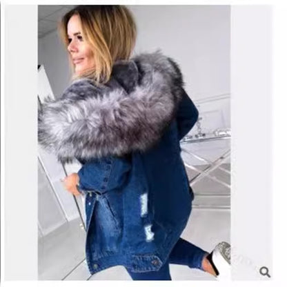 Women's Faux Fur Hooded Sherpa Lined Ripped Denim Jacket