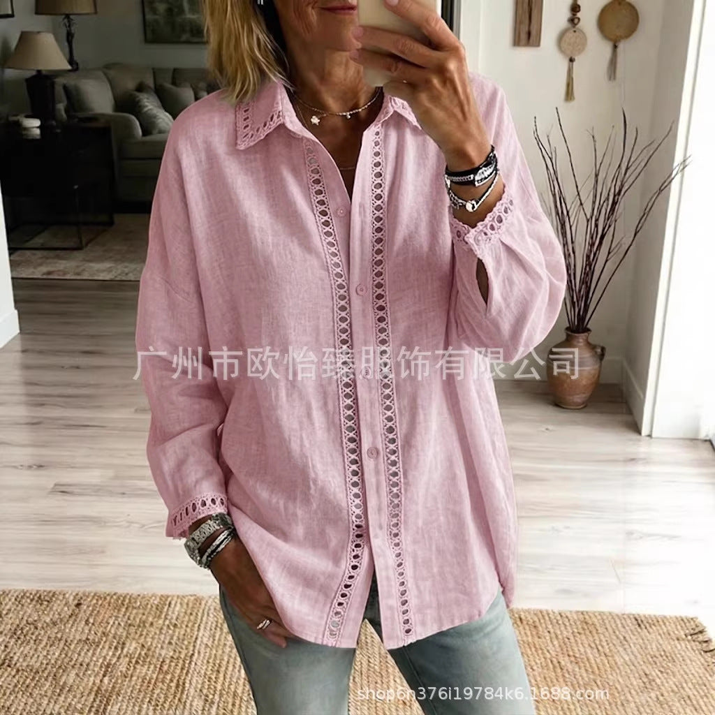 Women's Cotton Linen Lace Trim Collared Shirt