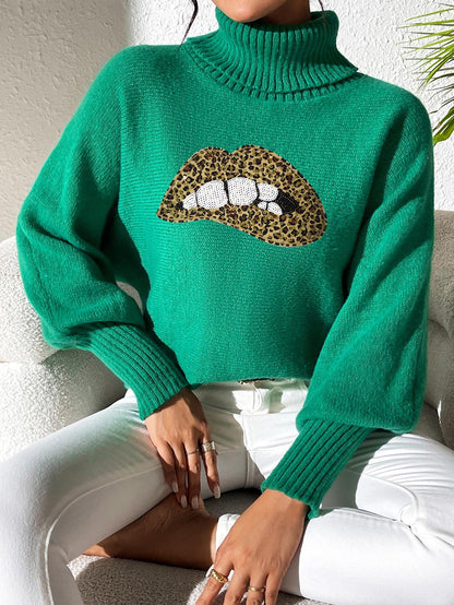 Ladies Bottom Shirt Sequin Embroidered Lip Turtleneck