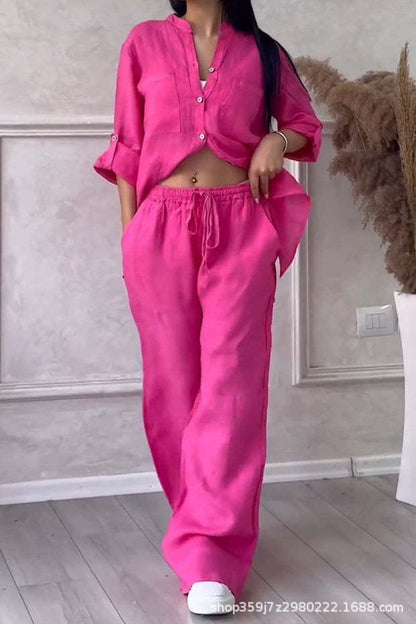 Women's Linen Shirt and Wide Leg Pants Matching Set