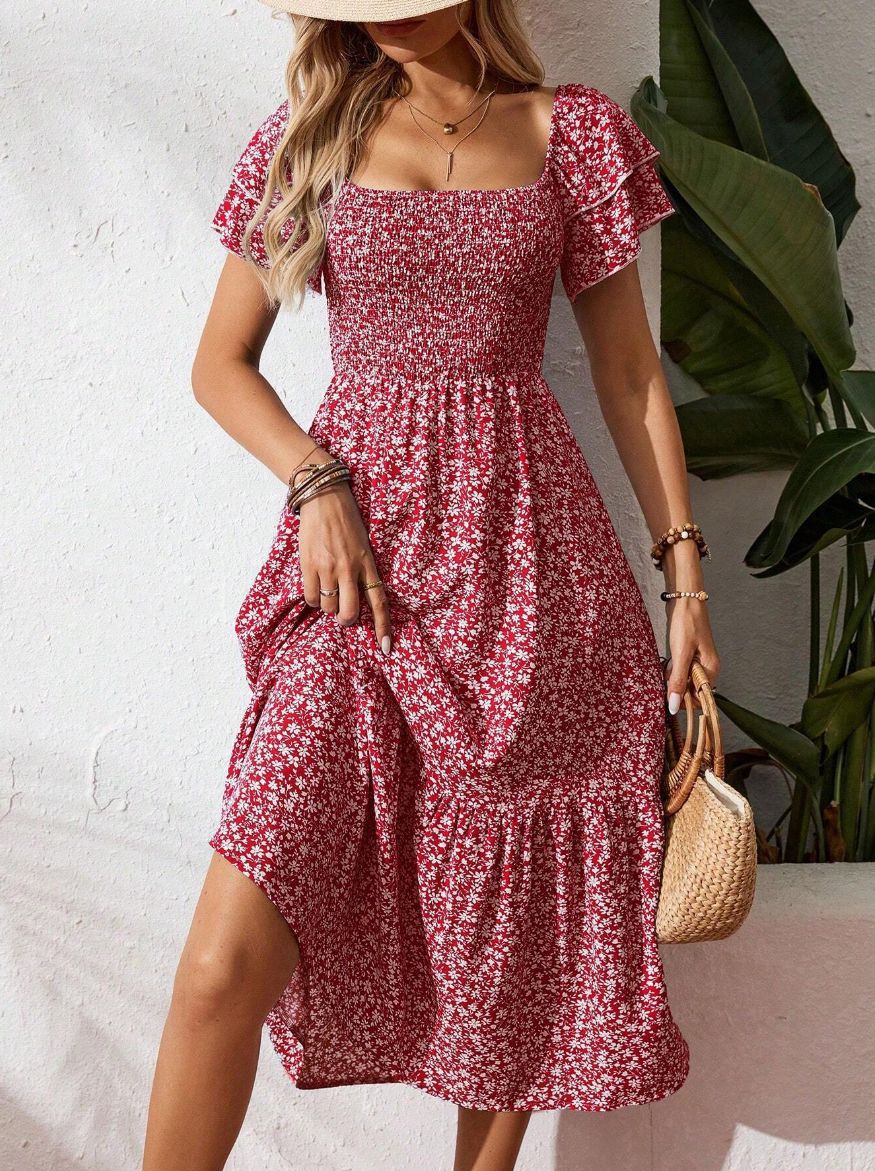 Floral Smocked Square Neck Midi Dress Ruffle Sleeve