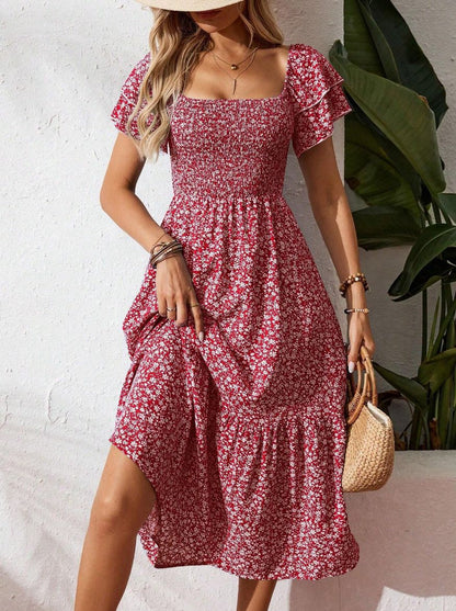 Floral Smocked Square Neck Midi Dress Ruffle Sleeve