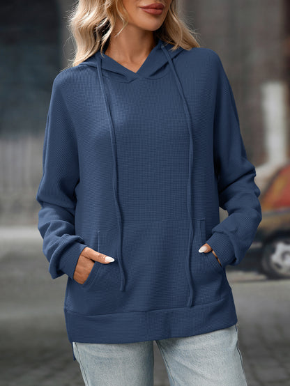Trendy Waffle Knit Hoodie – Comfortable Casual Pullover for Fall/Winter