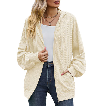 Oversized Textured Zip-Up Hoodie Jacket Pockets