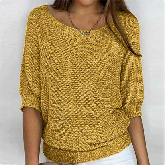 Women's Oversized Crew Neck Knit Sweater 3/4 Sleeve