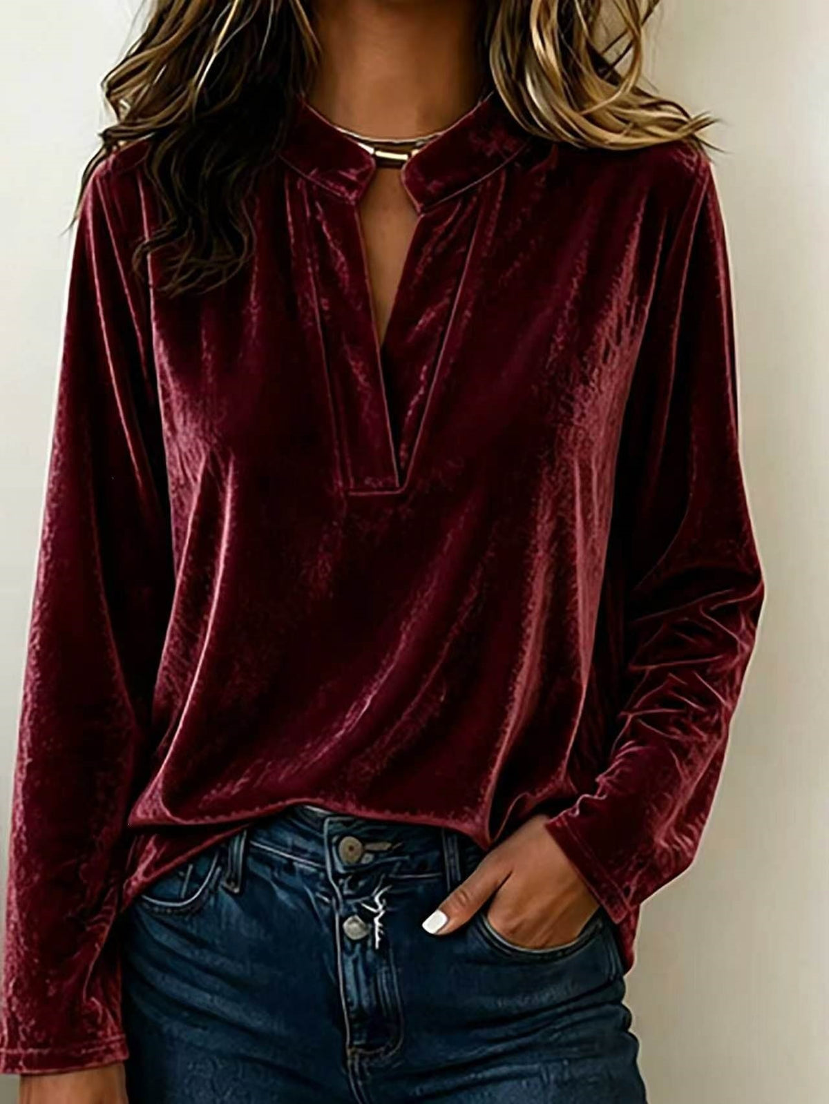 Women's Velvet V-Neck Long Sleeve Casual Blouse Top
