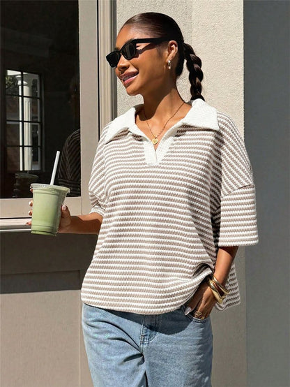 Oversized Striped Colorblock Polo V-Neck Knit Top