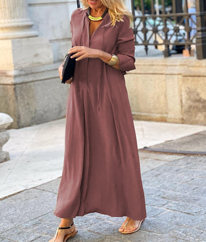 Women's Flowy Long Sleeve Maxi Shirt Dress With Pockets