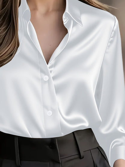 Women's Satin Button Down Shirt Long Sleeve Work Blouse