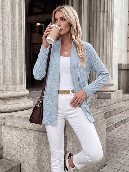 Pocket Open Front Cardigan Long Sleeve Knit Top