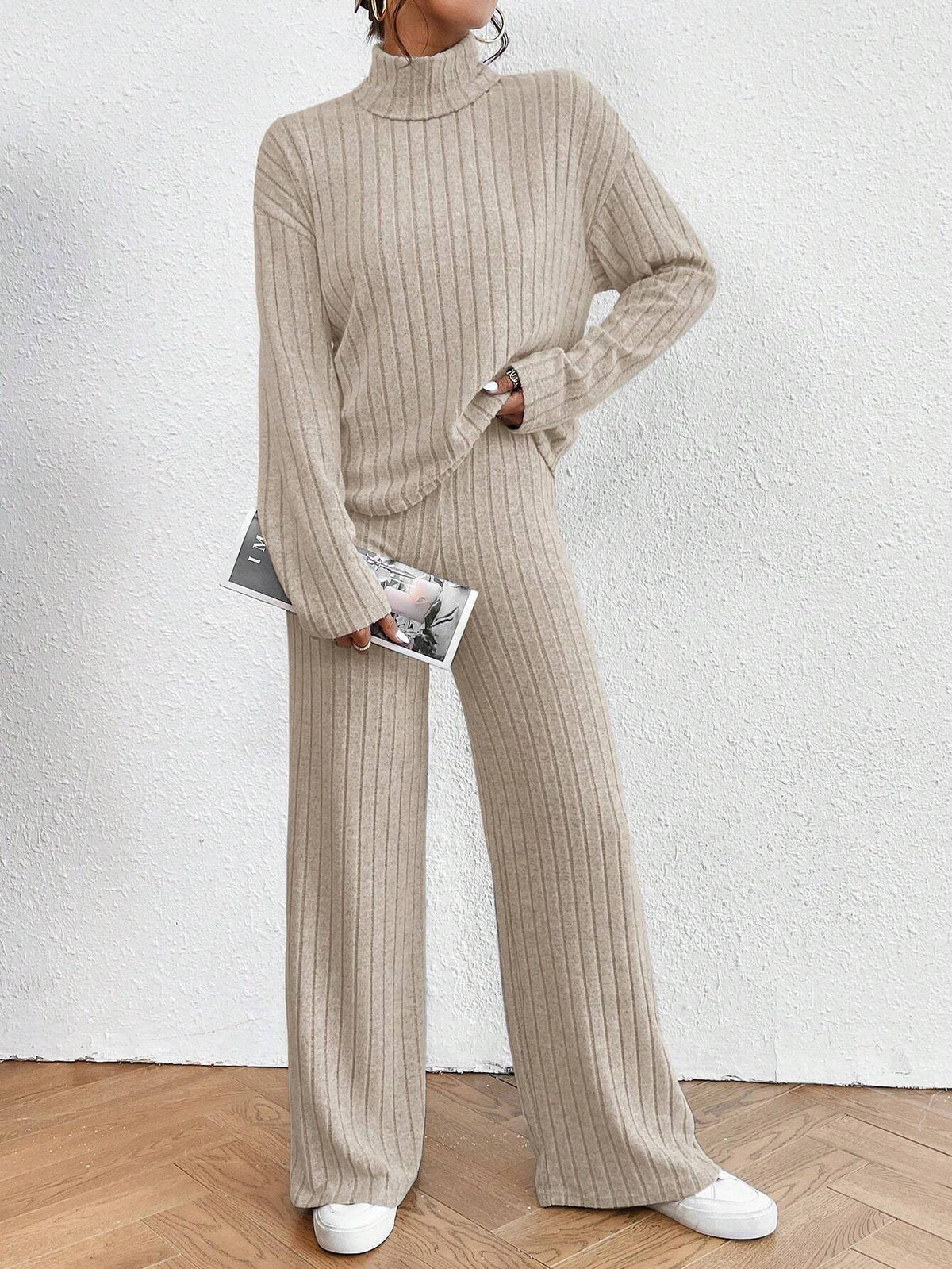 Women's Ribbed Turtleneck Sweater Wide Leg Pants Set