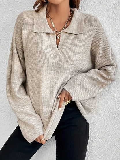 Women's Ribbed Polo Collar Sweater Long Sleeve Pullover