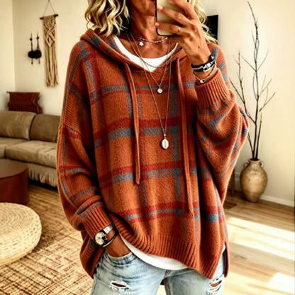 Women's Plaid Hooded Oversized Knit Pullover Sweater