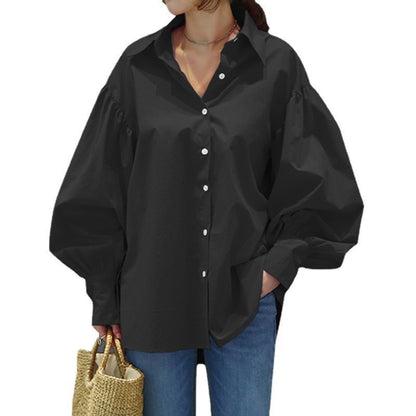 Women's Oversized Balloon Sleeve Collared Button-Up Blouse