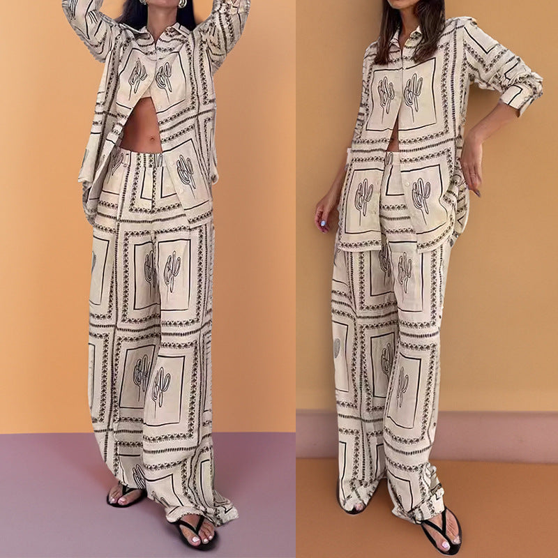 Boho Printed Button Down Shirt Wide Leg Pants Matching Set