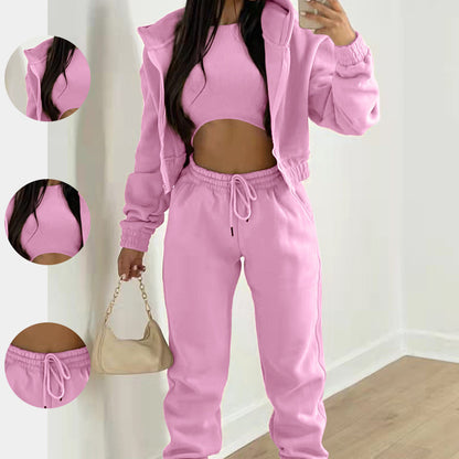 Women 3 Piece Hoodie Crop Top Jogger Pants Set