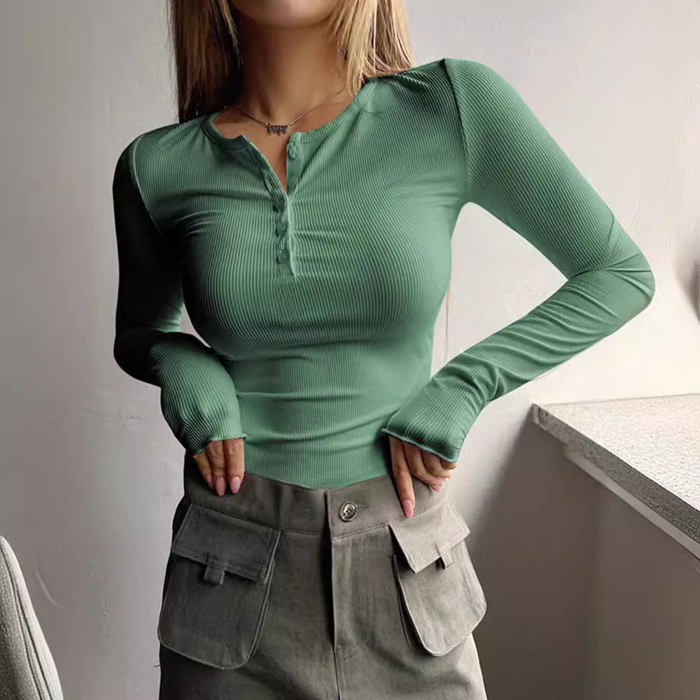 Women's Ribbed Henley Long Sleeve Fitted Knit Top