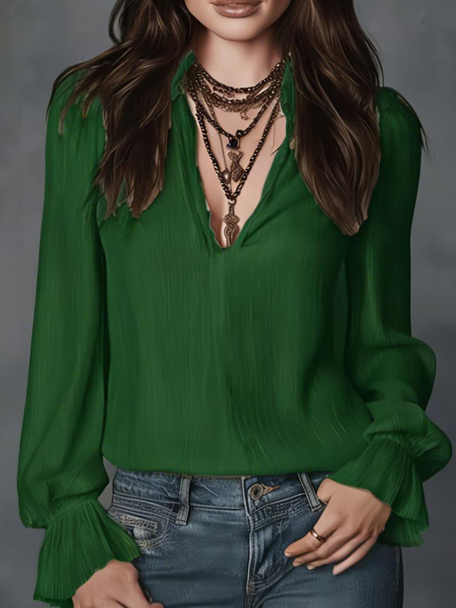 Women's V-Neck Collared Puff Sleeve Blouse Top