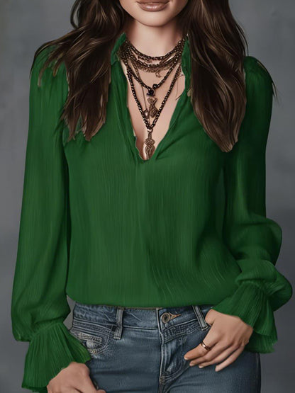 Women's V-Neck Collared Puff Sleeve Blouse Top